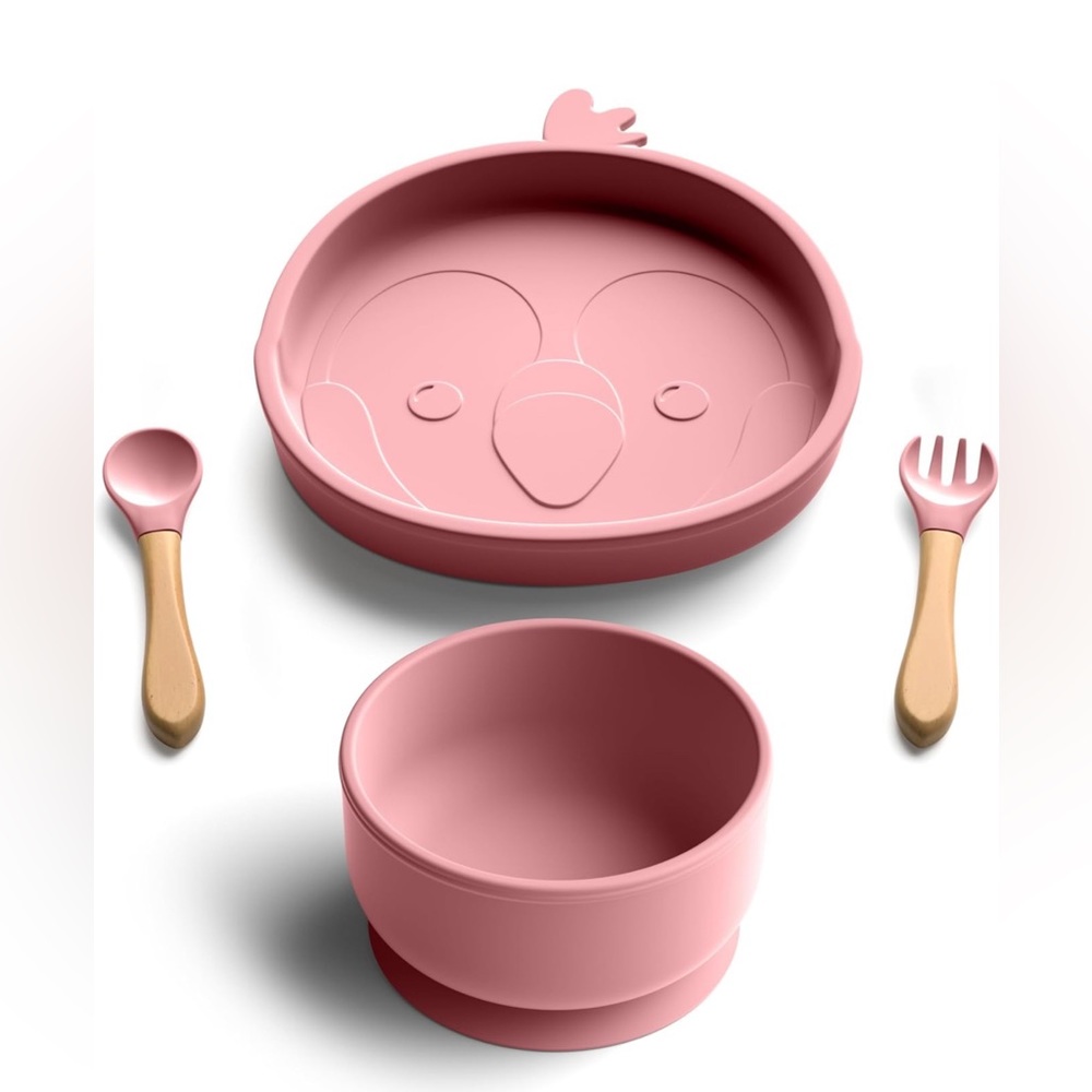 Baby👶🏼SuctionPlate&SuctionBaby👶🏼Bowl Self Feed Fork&SpoonSet🍽️w WoodHandles